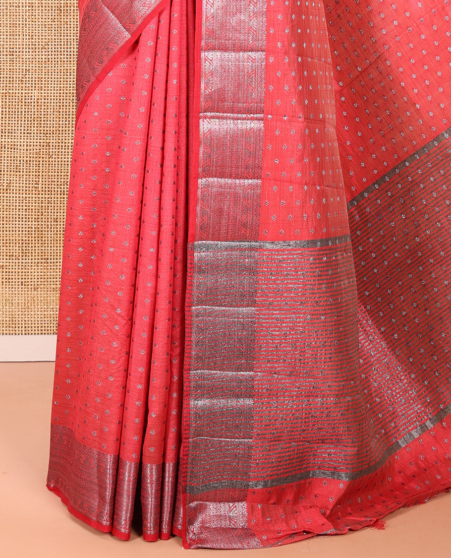 Pink Semi Tussar Saree Adorned with Zari Buttas All Over the Body, a Hazily Woven Border of Traditional Designs, Pallu Steeped with Zari Buttas and Zari Stripes, and Paired with a Matching Blouse