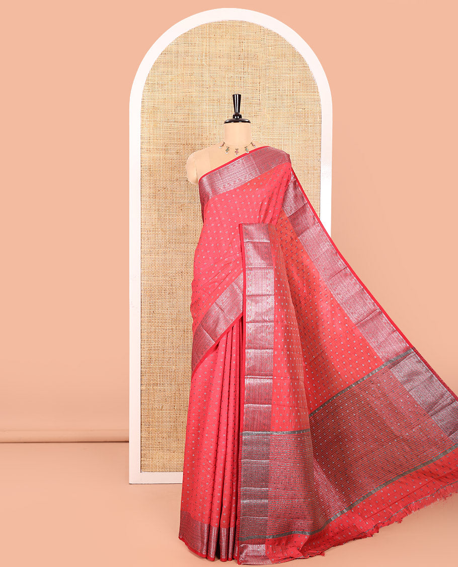 Pink Semi Tussar Saree Adorned with Zari Buttas All Over the Body, a Hazily Woven Border of Traditional Designs, Pallu Steeped with Zari Buttas and Zari Stripes, and Paired with a Matching Blouse