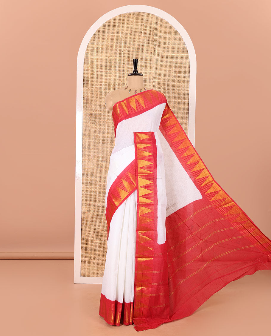 Off-White and Red Plain Sungudi Cotton Saree Adorned with a Contrast Border of Temple and Zari Checks Designs, Subtly Zari Striped Pallu, and Paired with a Contrast Blouse