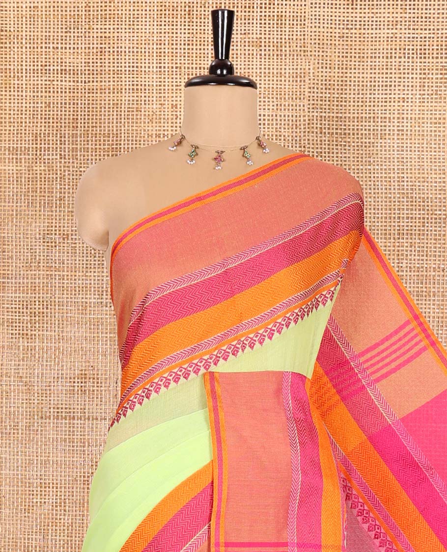 Green Plain Khadi Mul Cotton Saree, Complemented by a Contrast Thread-Woven Border of Geometric Patterns, Contrast Plain Pallu, and Paired with a Matching Blouse