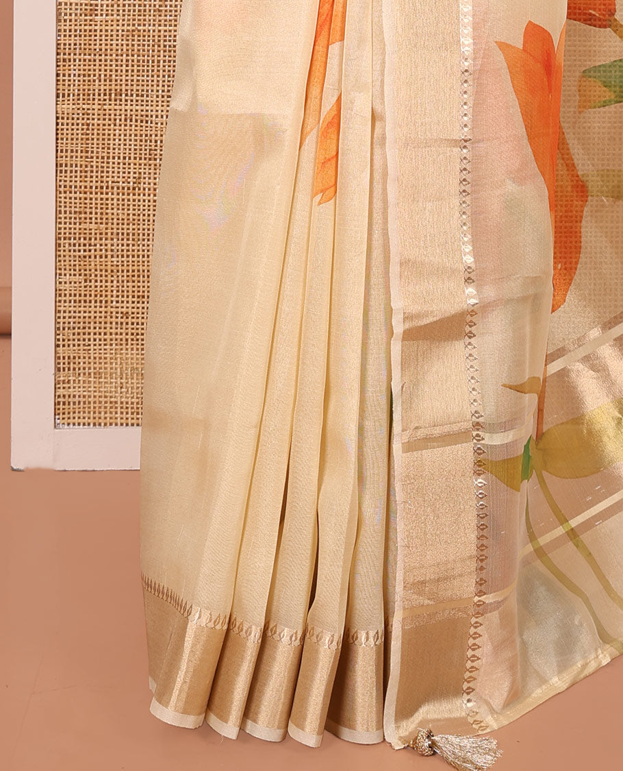 Gold Tissue Saree, Adorned by Tulip-Style Floral Printed All Over Its Body, Gleamed Up with a Zari Printed Border, Pallu with a Realistic Floral Print, and Paired with a Matching Printed Blouse