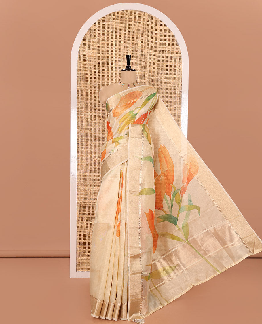 Gold Tissue Saree, Adorned by Tulip-Style Floral Printed All Over Its Body, Gleamed Up with a Zari Printed Border, Pallu with a Realistic Floral Print, and Paired with a Matching Printed Blouse