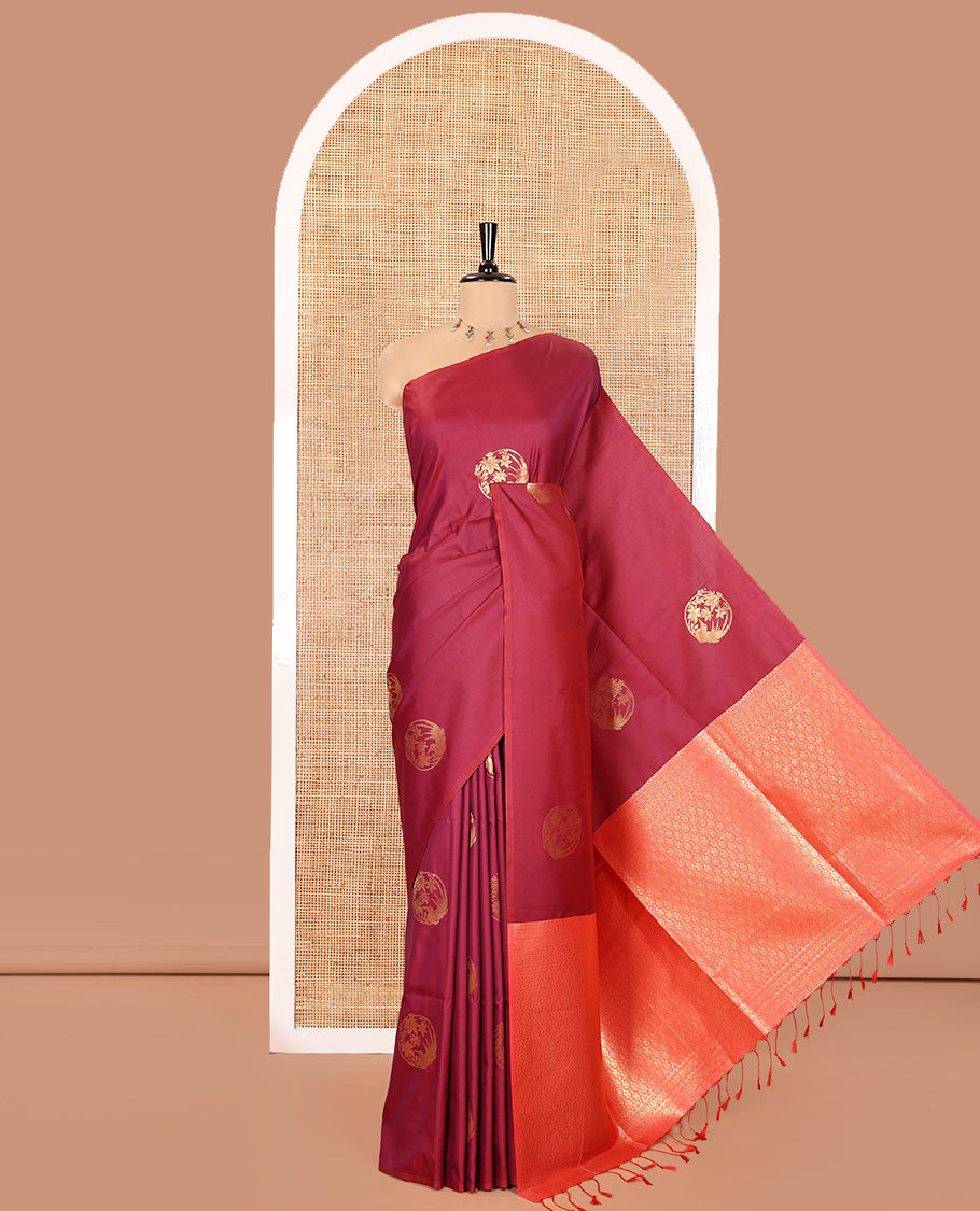 Borderless Maroon Semi-Soft Silk Saree Elevated with Bird-Floral Buttas All Over Its Body, Complemented by a Contrast Intricately Designed Pallu, and Paired with a Contrast Plain Blouse