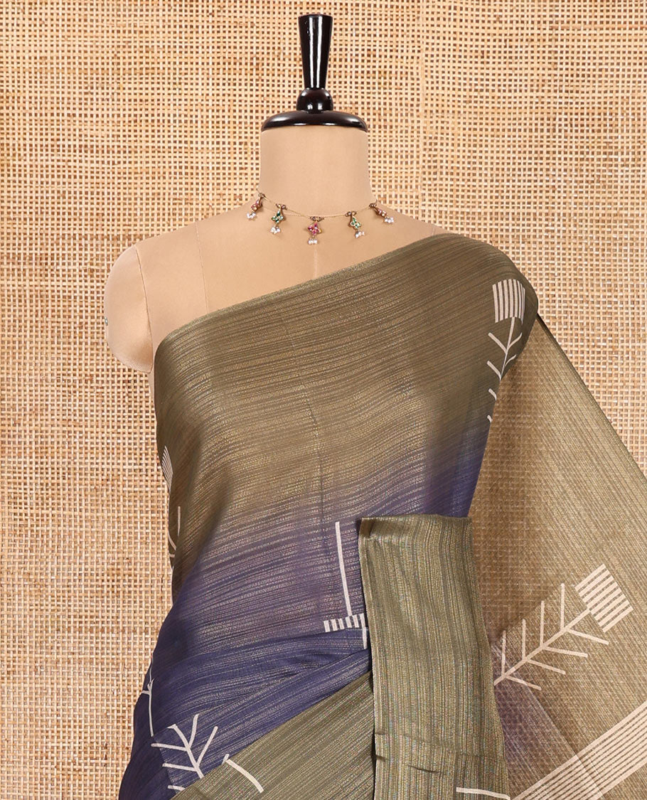 Navy Blue Tissue Saree, Prettified with Horizontal Stripes and Unique Motifs Printed All Over Its Body, Complemented by Contrast Printed Border, Pallu Depicts Geometric Patterns, and Paired with a Contrast Geometric Printed Blouse