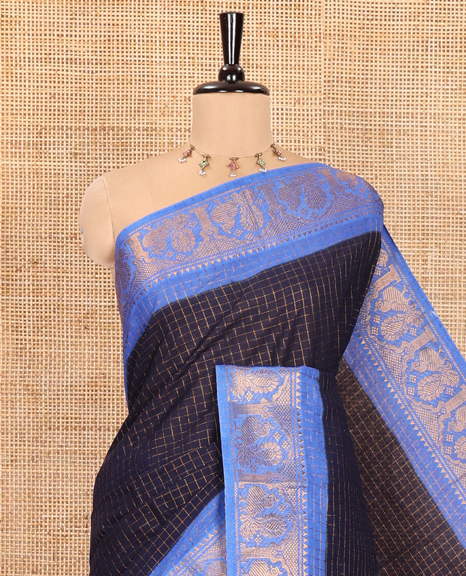 Blue and Royal Blue Sungudi Cotton Saree, Subtly Sparkled with Checks on Its Body, Complemented by a Contrast Temple Border of Peacock Motifs, Pallu Steeped with Stripes, and Paired with a Contrast Blouse
