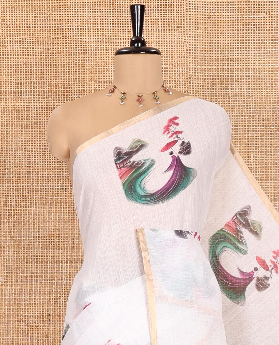 White Linen Cotton Saree Depicting Chinese Women Motifs Printed on Its Body, and Pallu, Subtle Piping Border, and Paired with a Matching Blouse