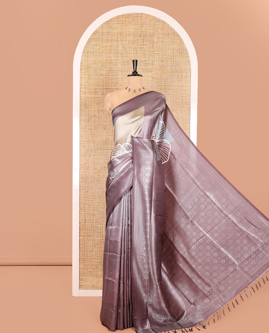 Purple and Sandal Tissue Saree, Highlighted by Jacquard Design and Floral Printed on Its Body, Complemented by Contrast Traditional Motifs Print, Pallu Steeped with Floral Motifs, and Paired with a Contrast Blouse