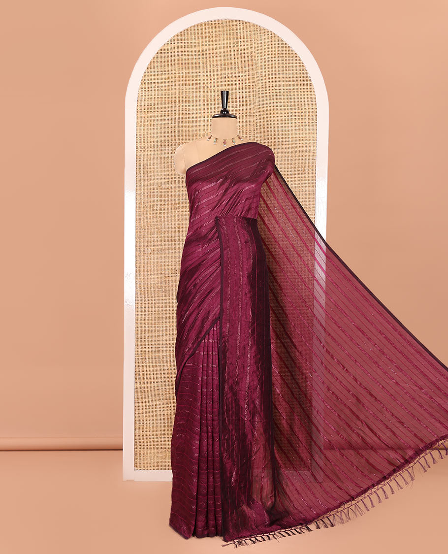 Borderless Purple Vichitra Silk Saree, Adorned with Horizontal Stripes and Sequin Stripes, Paired with a Matching Blouse