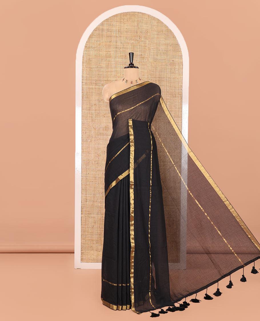 Black Plain Khadi Mul Cotton Saree, Subtly Sparkled with Zari Border, Self-Pallu, and Paired with a Matching Blouse