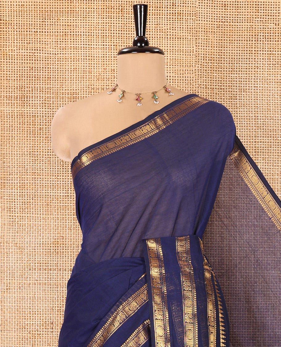 Blue Plain Chettinad Cotton Saree, Highlighted By Traditional Zari Designs Woven Border, Subtly Striped Pallu, and Paired with a Matching Blouse