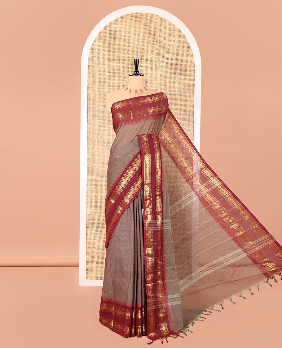 Grey Plain Chettinad Cotton Saree, Complemented by a Contrast Rettai Pettu Traditional Zari Design Border, Subtly Striped Pallu, and Paired with a Matching Blouse