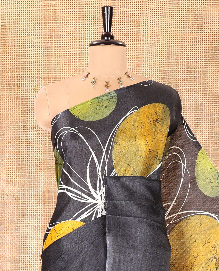 Borderless Black and Green Khadi Cotton Saree, Elevated with Big Circles Motifs, Floral Motifs, and Batik Print on Its Body, Self-Printed Pallu, and Paired with a Matching Printed Blouse