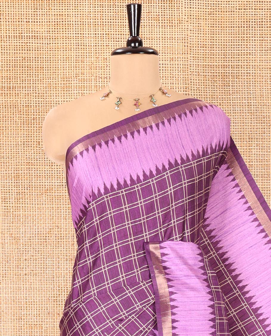 Purple Katan Silk Saree, Detailed with Checked Design Print All Over Its Body, Complemented by Contrast Temple Border, Heathered Pallu, and Paired with a Contrast Blouse