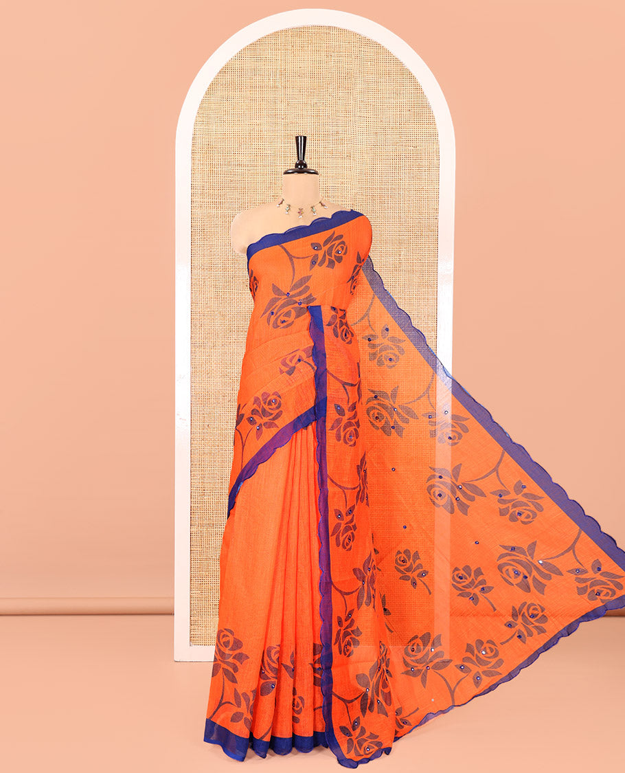 Orange Linen Cotton Saree, Graced with Floral Print and Mirror Work on Its Body, Complemented by Contrast Scallop Border, Pallu of Print and Mirror Work, and Paired with a Matching Blouse