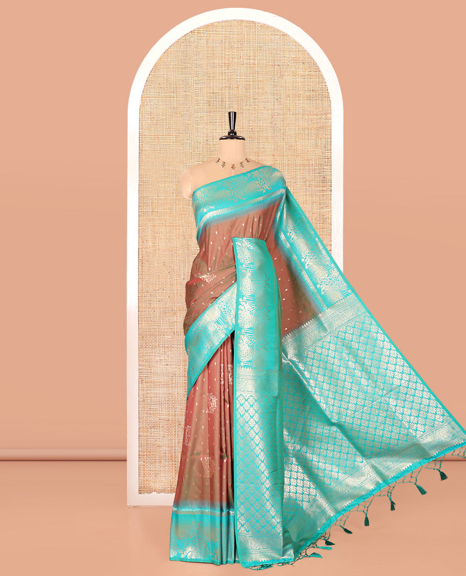 Mehendi Green Elite Soft Silk Saree, Detailed with Zari Buttas on Its Body, Complemented by a Contrast Peacock-Floral Zari Blouse, Intricately Designed Pallu, and Paired with a Contrast Blouse