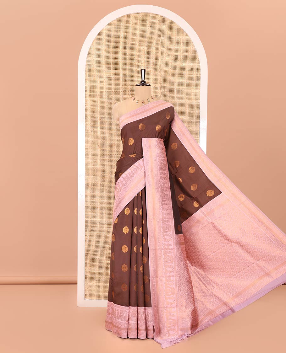 Brown-Pink Kanchi Silk Saree, Elevated with Zari Buttas All Over Its Body, Complemented by Contrast Traditional Zari Border of Wedding Theme Motifs, Grand Pallu and Paired with a Contrast Blouse
