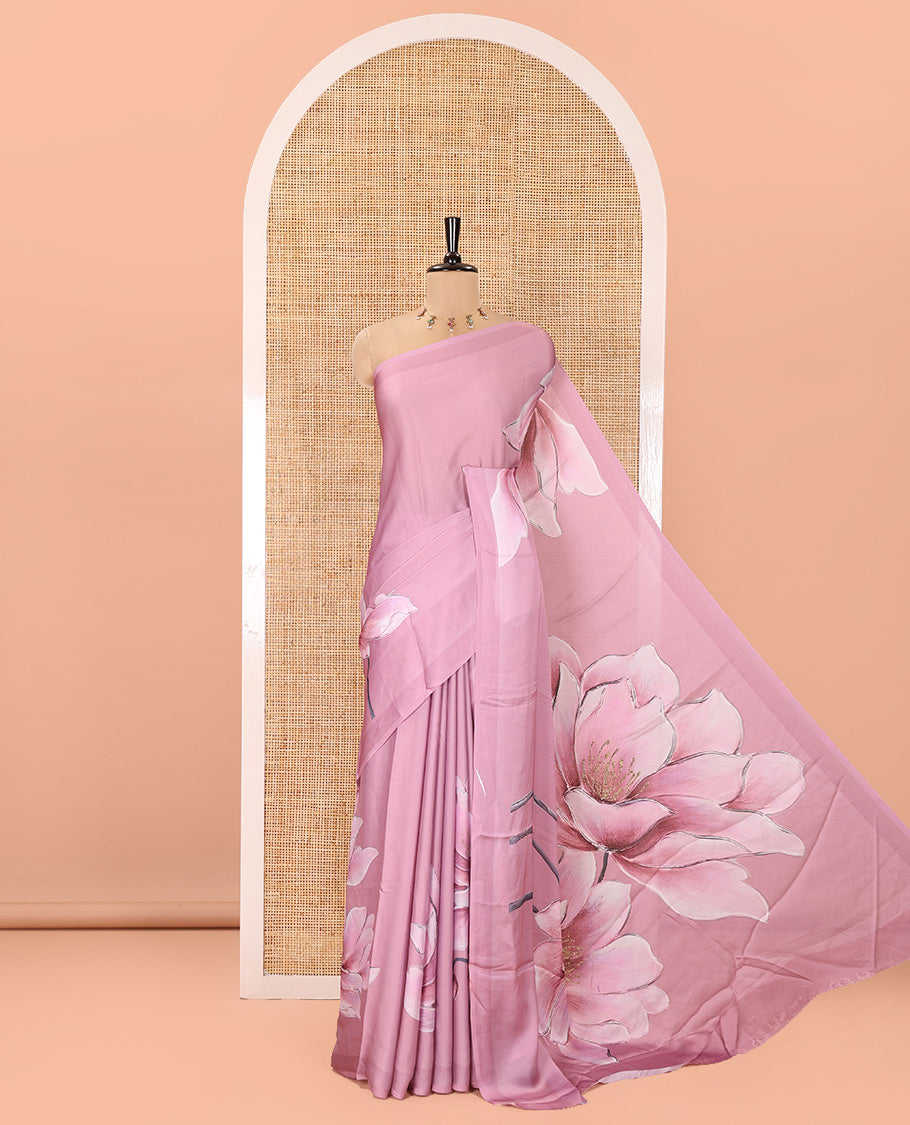 Borderless Onion Pink Satin Crepe Saree, Prettified with Lotus Flower Print On Its Body, Pallu Features Lotus Print, and Paired with a Printed Blouse