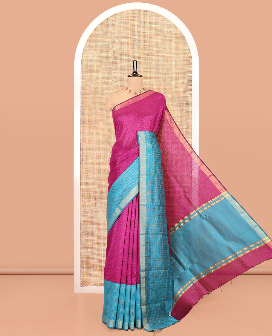 Magenta Semi-Raw Silk Saree, Delicately Woven with Zig-Zag Stripes All Over Its Body, Complemented by Contrast Border of Butta Enclosed Checks, Striped Pallu, and Paired with a Contrast Blouse