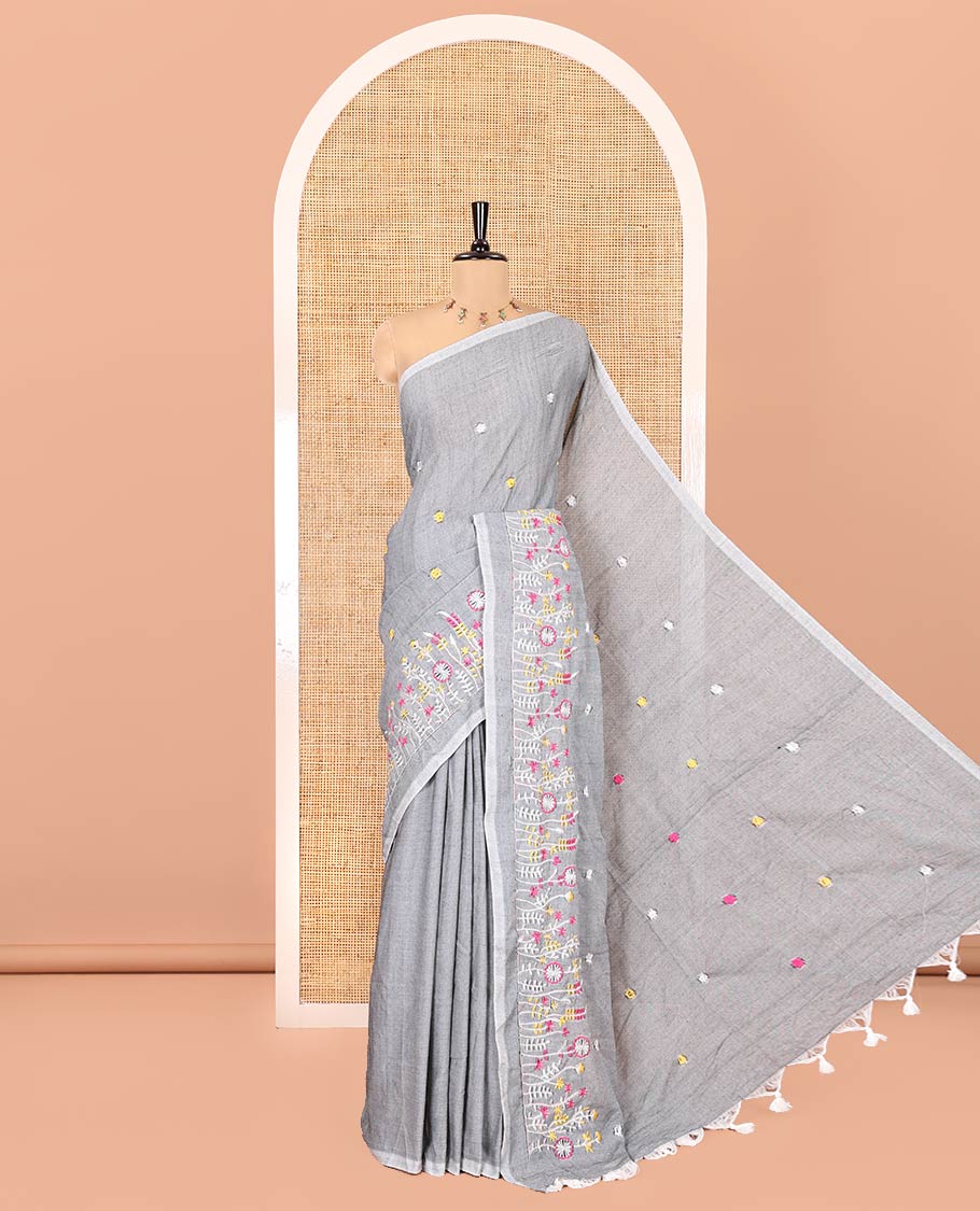 Borderless Grey Khadi Cotton Saree, Delicately Woven with Flower Motifs Embroidery All Over Its Body, a Self-Pallu, and Paired with a Matching Blouse