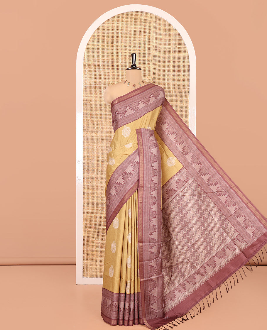 Mustard Katan Silk Saree, Subtly Sparkled with with Buttas, Complemented by Contrast Traditional Design Border, Geometric-Patterned Pallu, and a Contrast Blouse