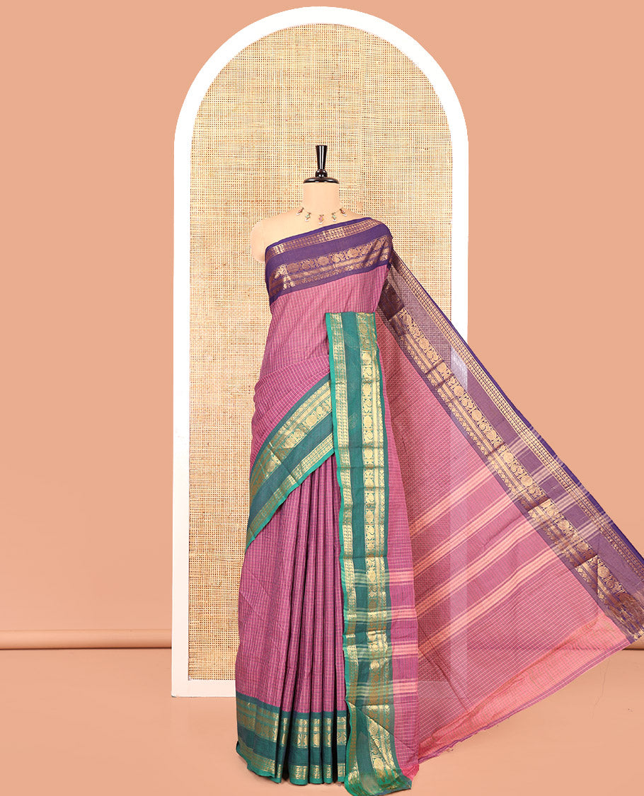 Pink Checked Chettinad Cotton Saree, Contrast Ganga-Jamuna Rettai Pettu Traditional Border, and Matching Blouse