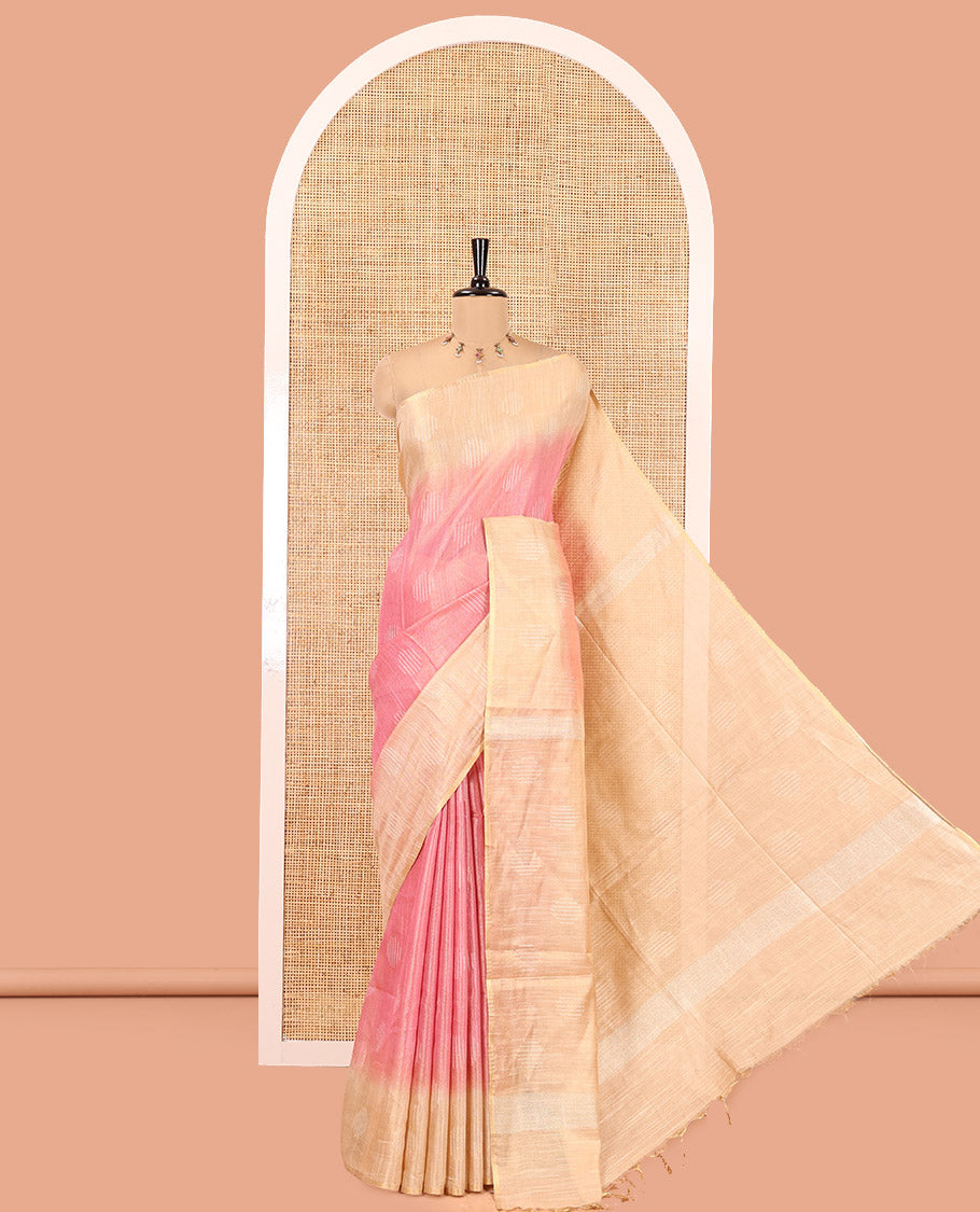 Pink Bhagalpur Cotton Saree, Adorned with Buttas, Complemented by a Contrast Border, Pallu, and a Contrast Blouse