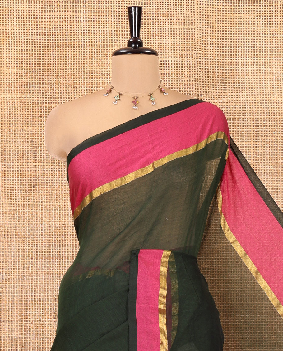 Green Plain Khadi Mul Cotton Saree, a Contrast Satin Plain Border, a Self-Pallu, and a Matching Blouse