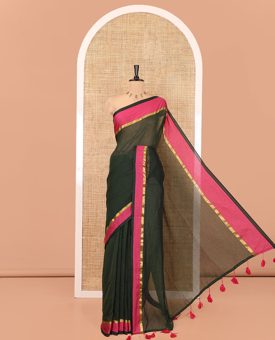 Green Plain Khadi Mul Cotton Saree, a Contrast Satin Plain Border, a Self-Pallu, and a Matching Blouse