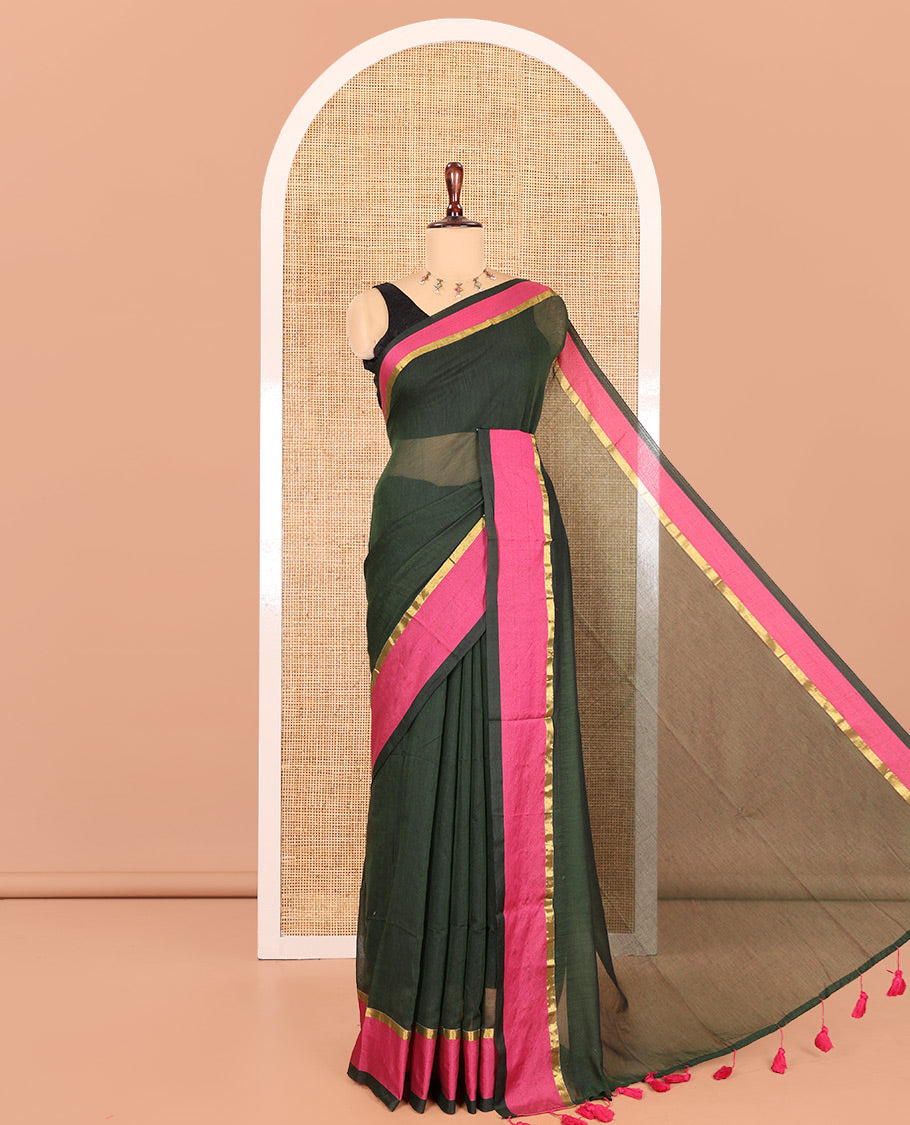 Green Plain Khadi Mul Cotton Saree, a Contrast Satin Plain Border, a Self-Pallu, and a Matching Blouse