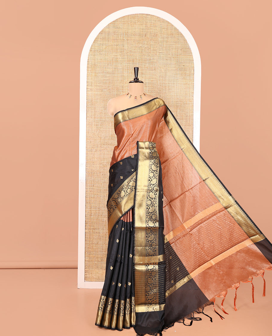 Rust-Black Semi-Katan Silk Saree Features Half-And-Half Style and Zari Buttas, Traditional Border, and Matching Blouse