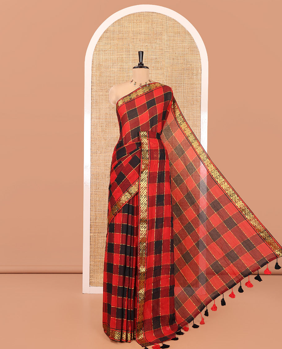 Red and Black Khadi Mul Cotton Saree Features Checks, Highlighted by Kolama Motifs Zari Border, and No Blouse