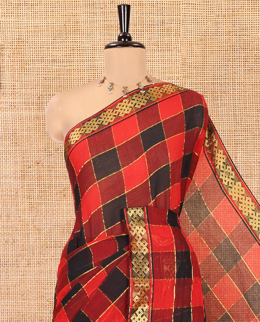 Red and Black Khadi Mul Cotton Saree Features Checks, Highlighted by Kolama Motifs Zari Border, and No Blouse