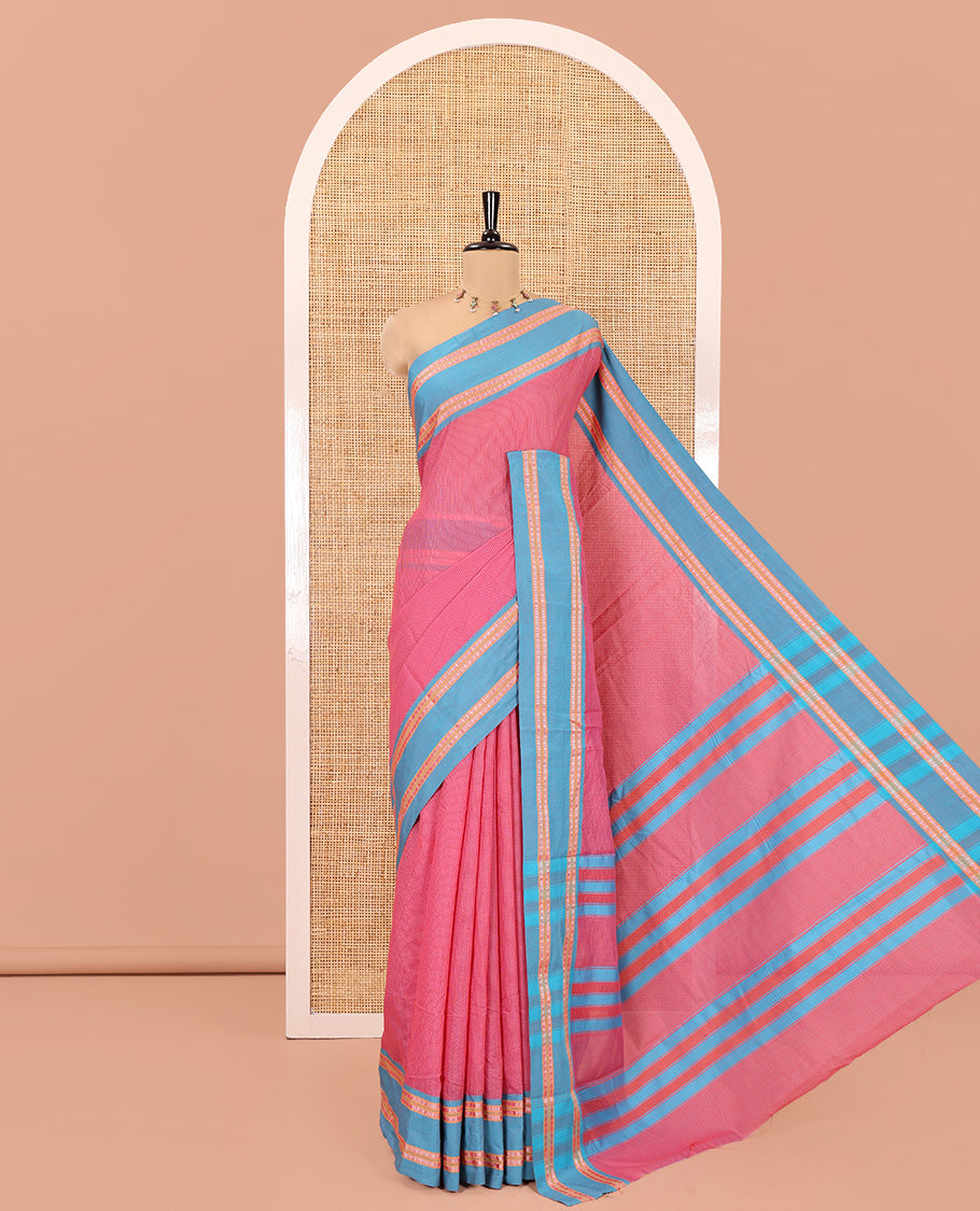 Pink Mercerised Cotton Saree, Subtly Sparkled with Checks, Contrast Rettai Pettu Border, Striped Pallu, and Matching Blouse