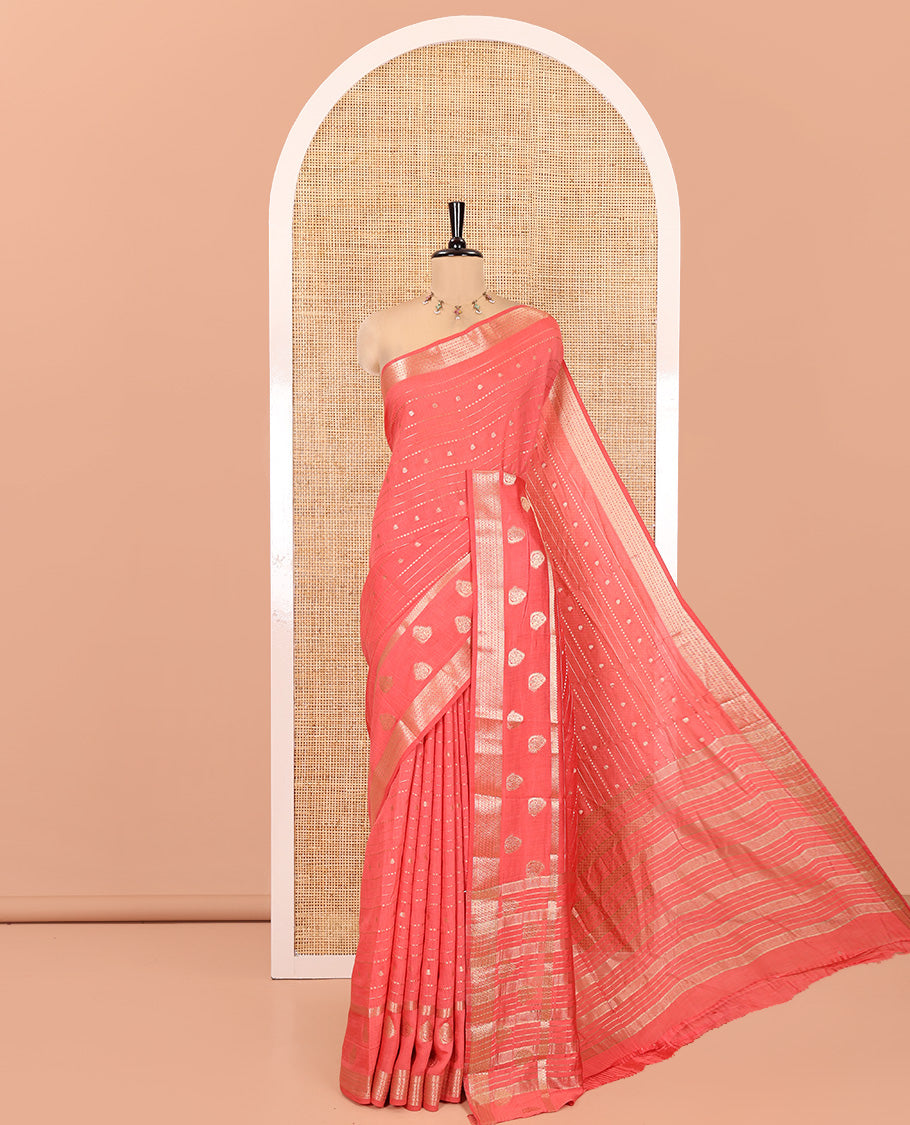 Onion Pink Assam Silk Saree, Enriched with Zari Designs, a Traditional Zari Border, Striped Pallu, and a Matching Blouse