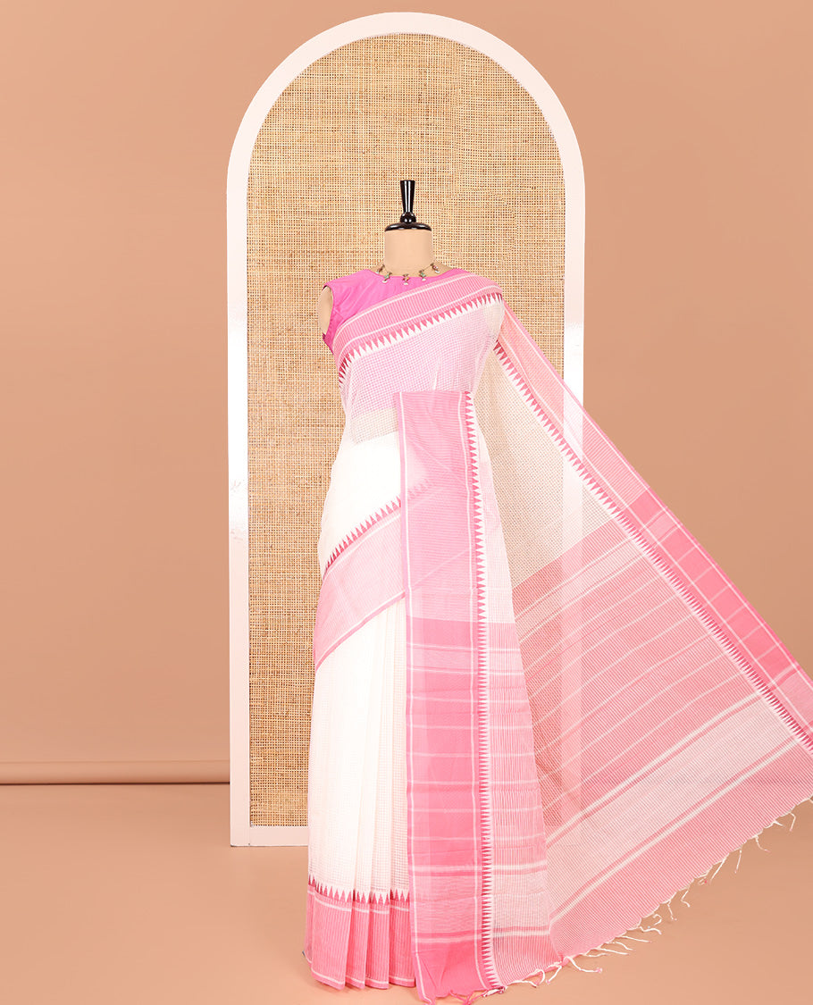 White Kota Chex Saree with Sparse Checks, Complemented by a Contrast Temple Border, Striped Pallu, and a Contrast Blouse