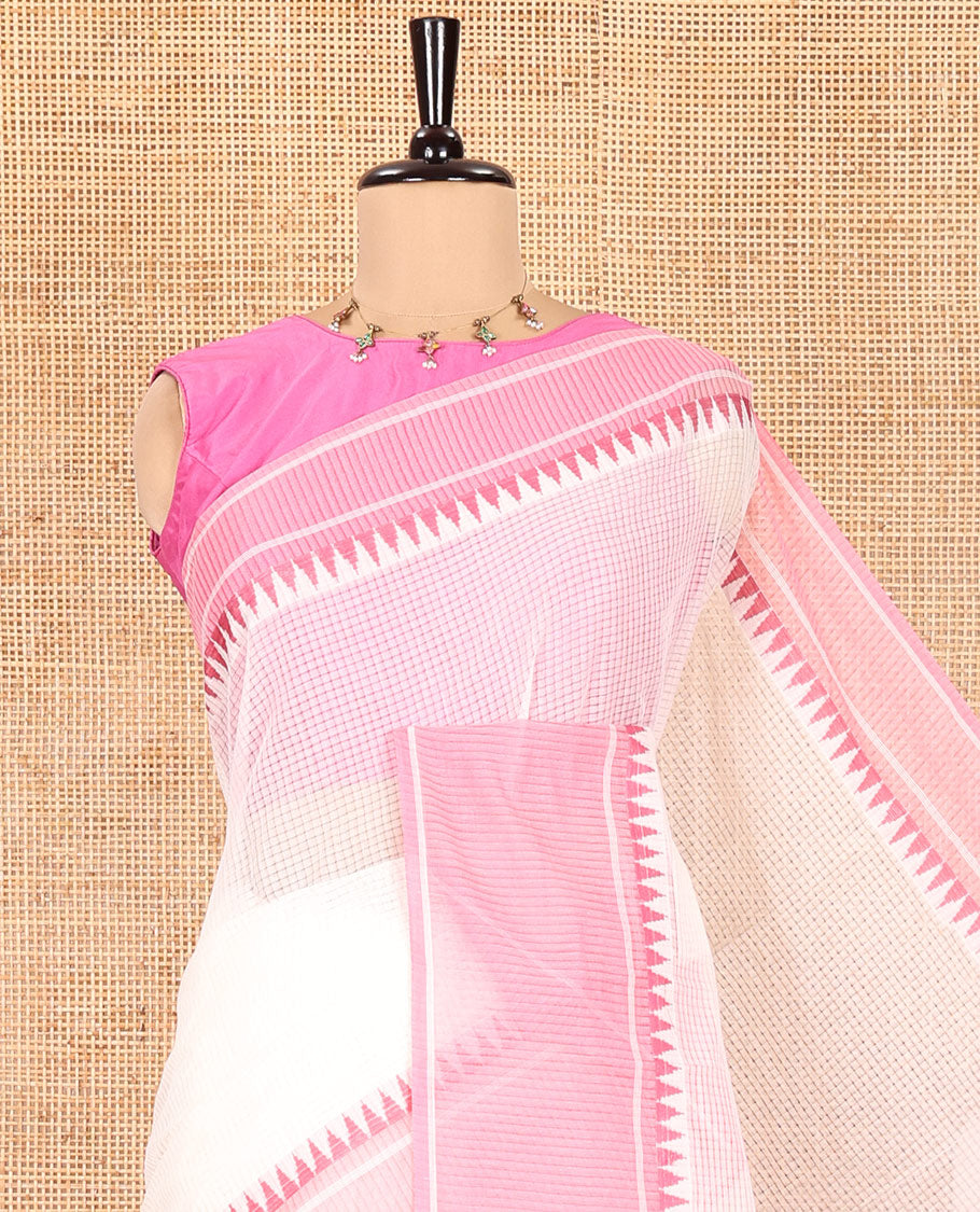 White Kota Chex Saree with Sparse Checks, Complemented by a Contrast Temple Border, Striped Pallu, and a Contrast Blouse