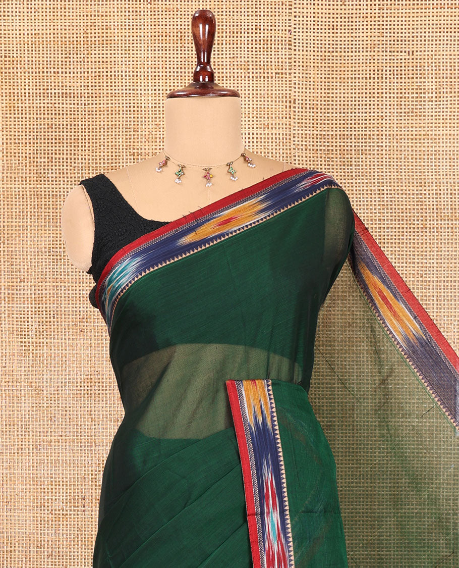 Green Plain Mercerised Cotton Saree, a Contrast Ikat Border, an Ikat Weave Pallu, and a Matching Blouse