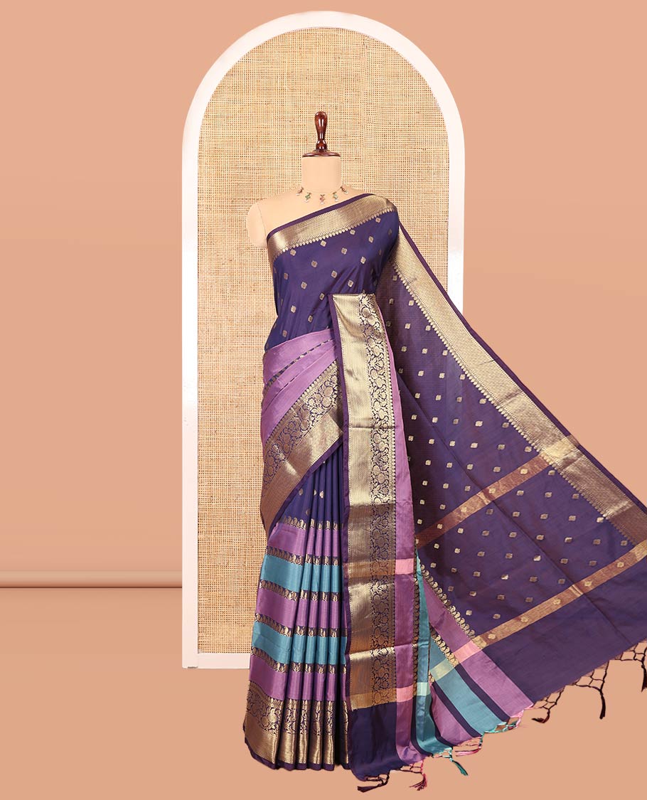 Violet Semi-Katan Silk Saree, Adorned with Zari Designs, Contrast Floral Creeper Border, Self-Pallu, and Matching Blouse