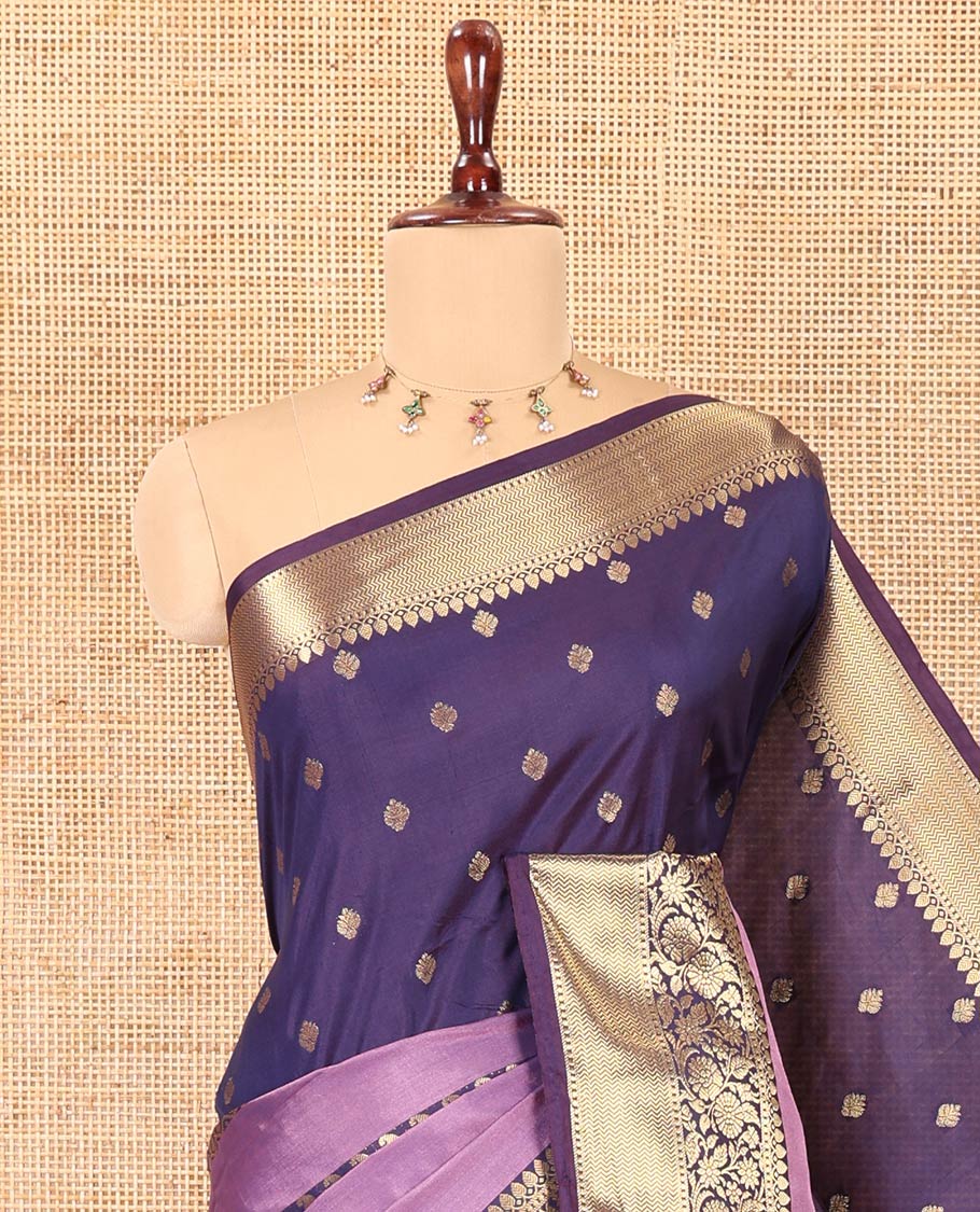 Violet Semi-Katan Silk Saree, Adorned with Zari Designs, Contrast Floral Creeper Border, Self-Pallu, and Matching Blouse