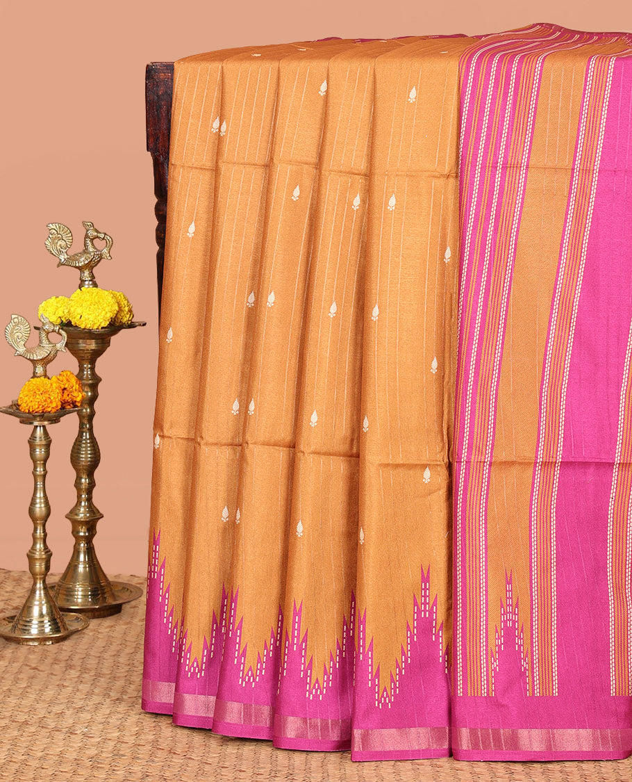Mustard Kathan Silk Saree Adorned with Buttas, Contrast Temple Border, Temple pallu, and Striped Blouse