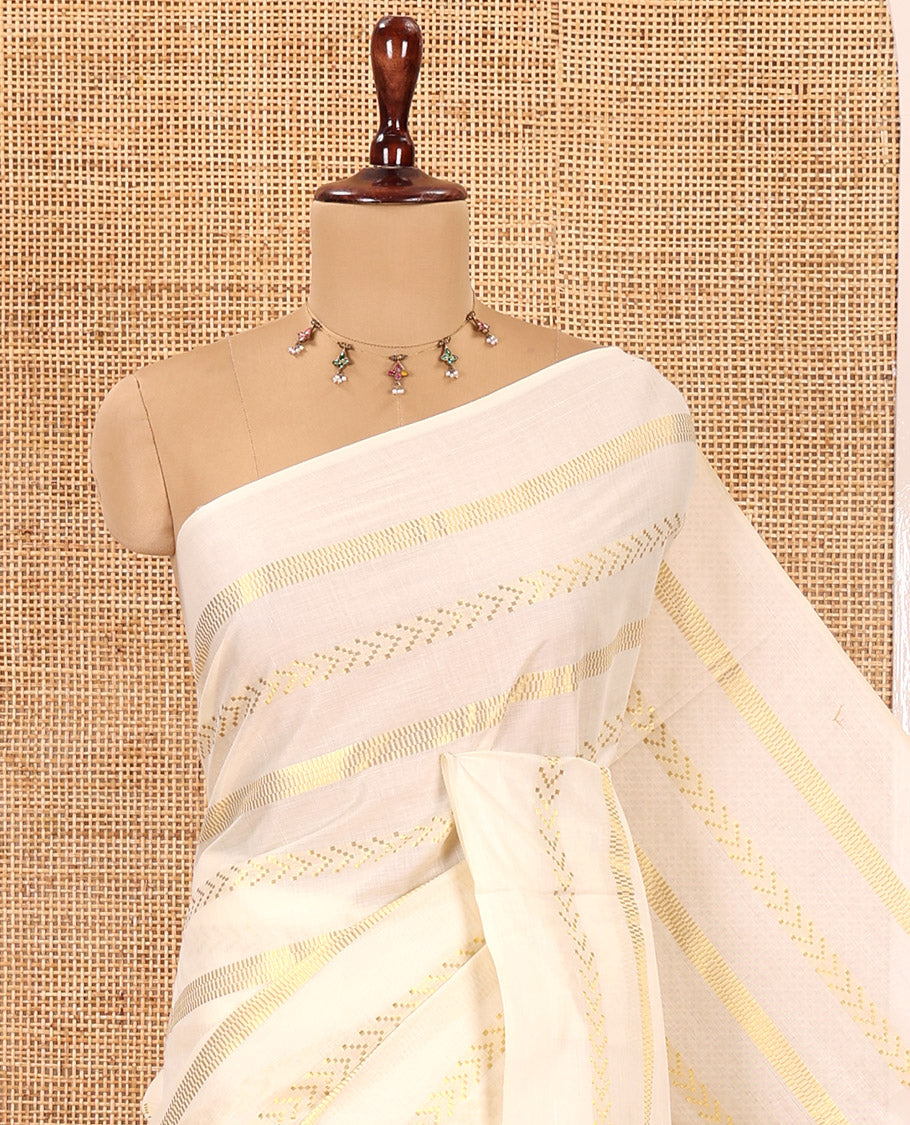 Borderless Cream Kerala Tissue Saree, Richly Detailed with Geometric Zari Stripes, and a Matching Blouse