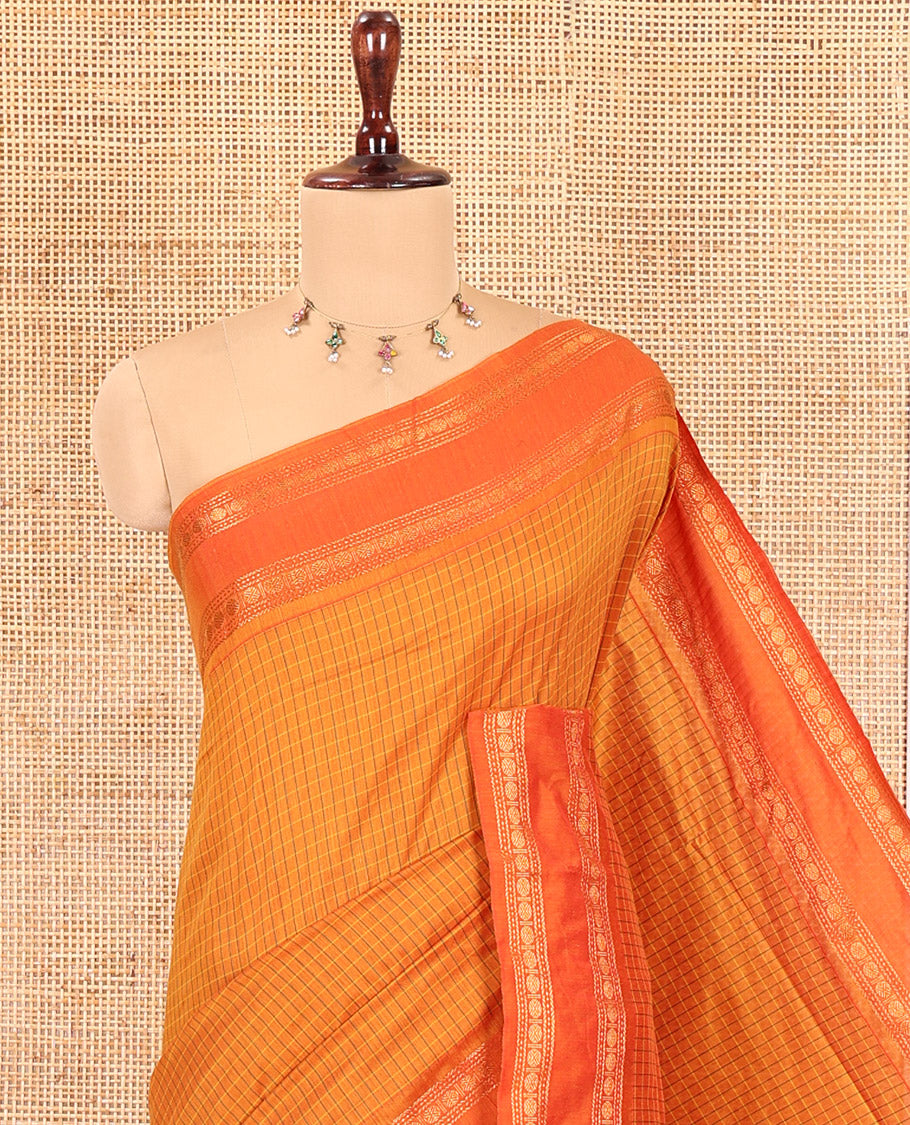 Mustard Checked Kalyani Cotton Saree, Contrast Rettai Pettu Rudraksham Border and a Matching Blouse
