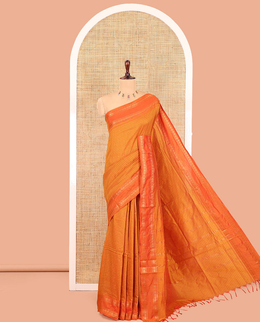 Mustard Checked Kalyani Cotton Saree, Contrast Rettai Pettu Rudraksham Border and a Matching Blouse