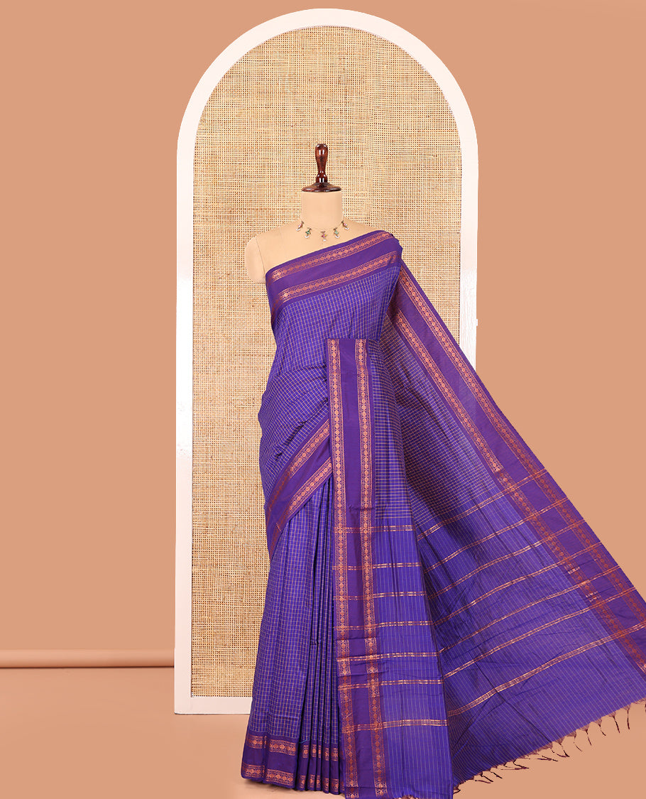 Royal Blue Checked Kalyani Cotton Saree, Contrast Rettai Pettu Rudraksham Border and a Matching Blouse