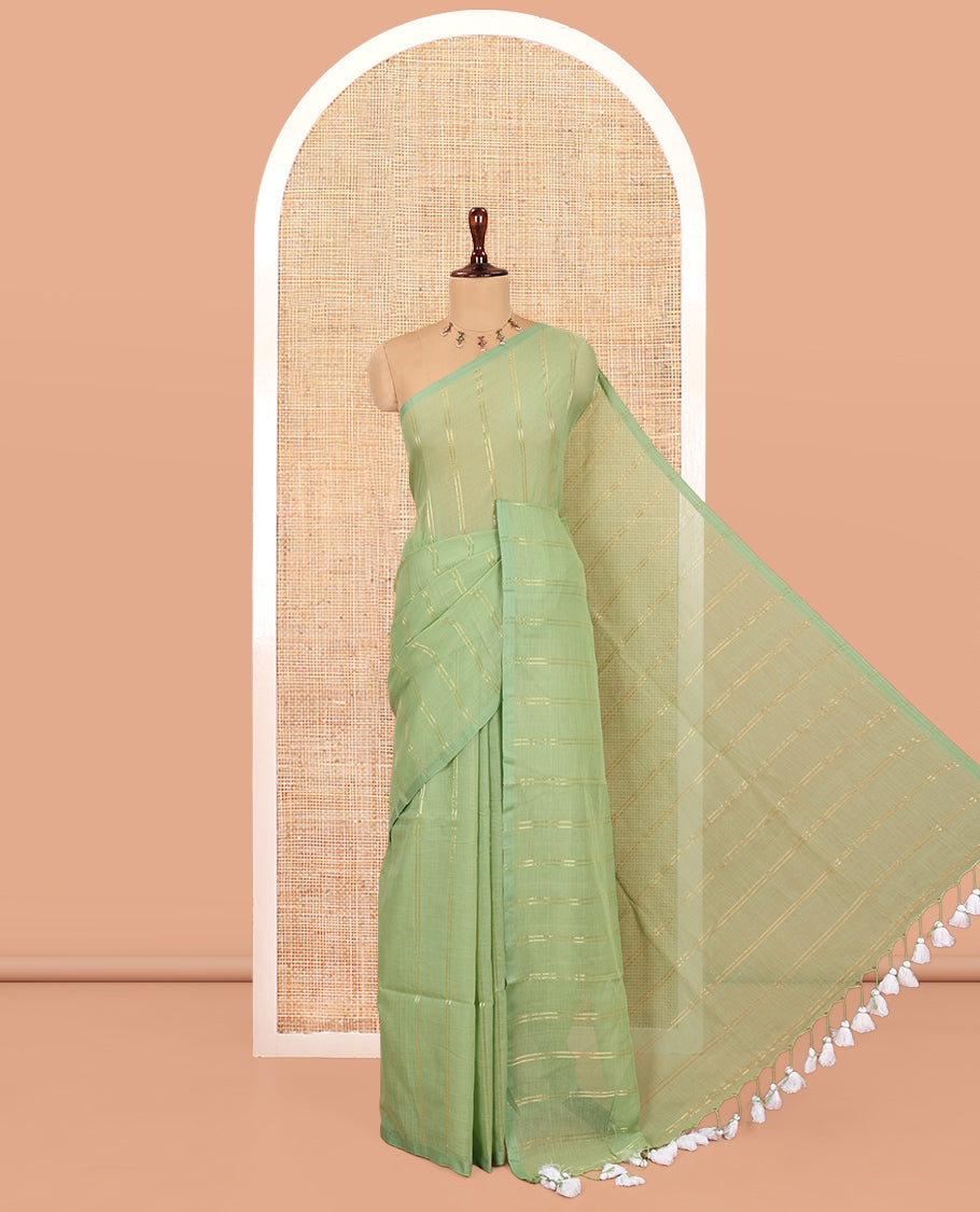 Borderless Pista Green Khadi Mul Cotton Saree, Adorned with Vertical Zari Stripes, a Self-Pallu, and No Blouse