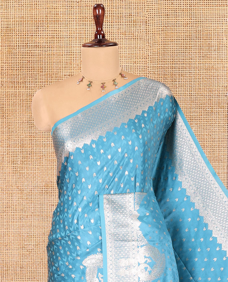 Blue Satin Silk Saree, Steeped in Richness of Buttas and Embossed Texture, Traditional Peacock Zari Border, Peacock Pallu, and a Matching Blouse