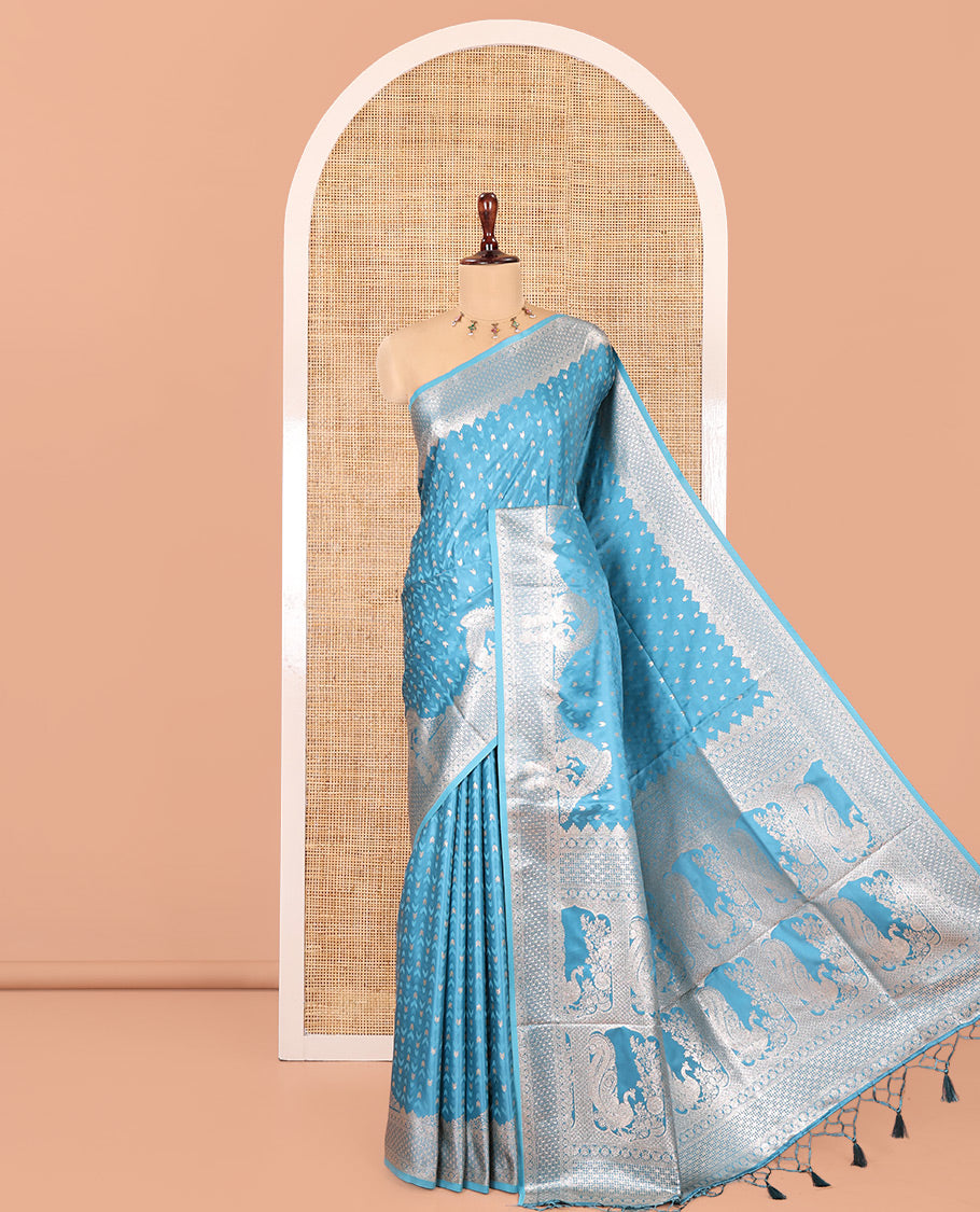 Blue Satin Silk Saree, Steeped in Richness of Buttas and Embossed Texture, Traditional Peacock Zari Border, Peacock Pallu, and a Matching Blouse
