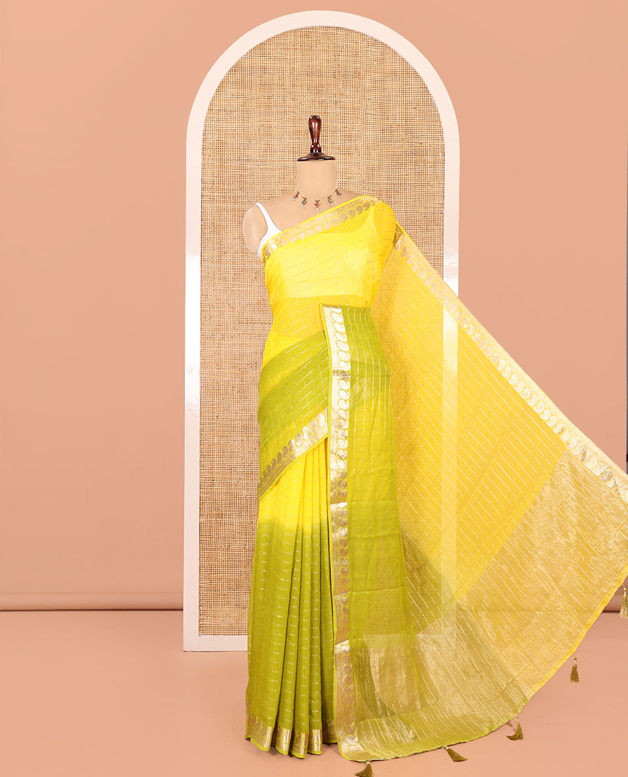 Yellow-Green Chiffon Saree, Accentuated with Dual-Dyed and Zari Checks, Paisley Border, Striped Pallu, Contrast Blouse