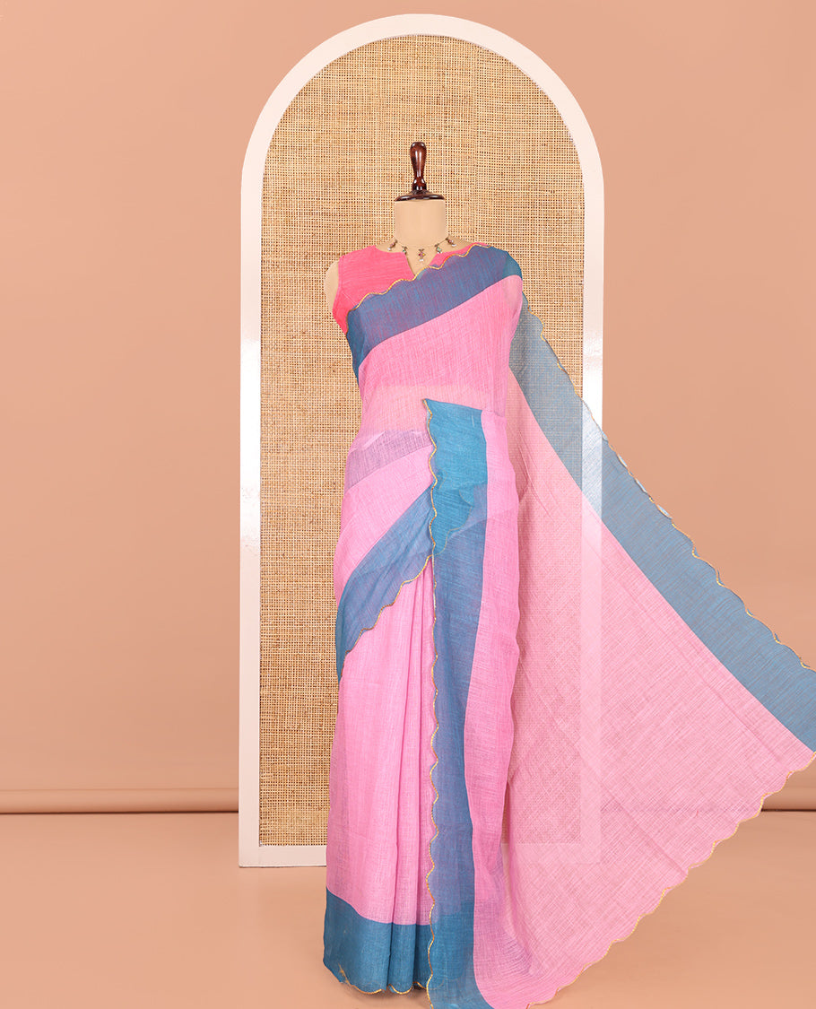 Baby Pink Plain Linen Cotton Saree, Contrast Plain Scallop Border, a Self-Pallu, and Contrast Kalamkari Printed Blouse