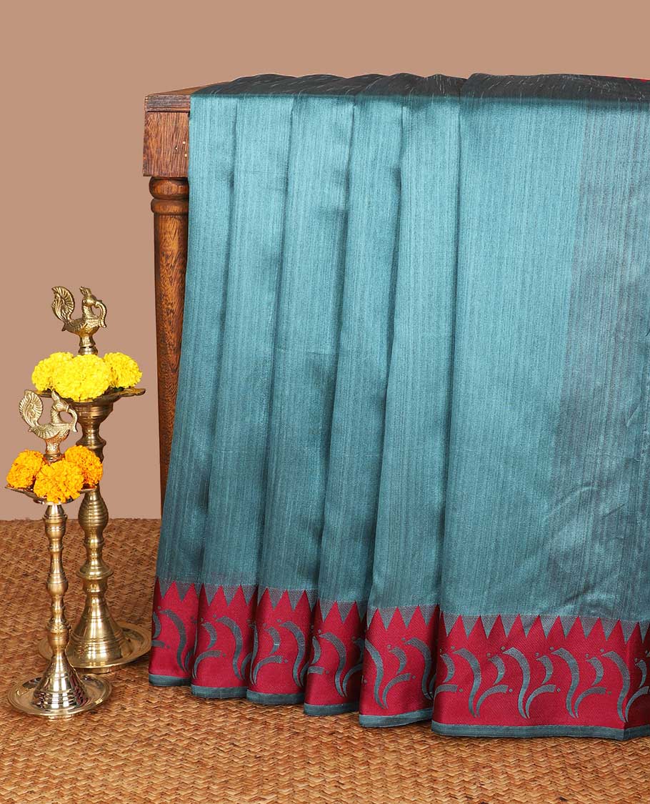 Blue plain banaras jute silk saree with satin temple border & chit pallu along with plain blouse